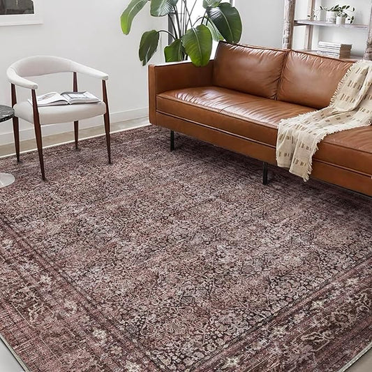 Washable Area Rug 9'x12' Retro Boho Design Non-Shedding Easy Care Ideal for High Traffic Areas in Living Room Bedroom Office Coffee Table Kitchen Large Carpet