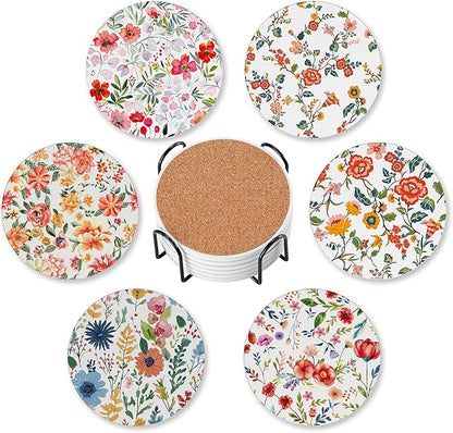 6 Pcs Drink Coasters with Holder,Abstract Flower Absorbent Round Ceramic Coaster for Tabletop Protection,for Coffee Cup Beverage Coasters Wine Beer Bar