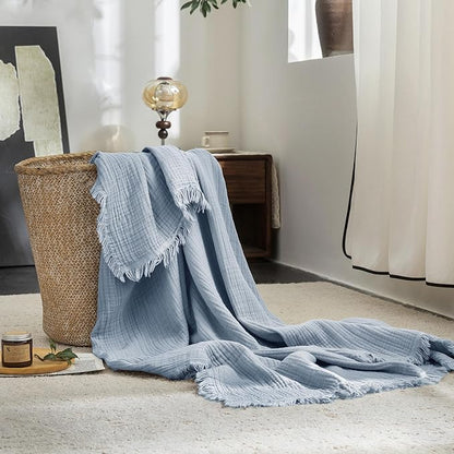 FOSSA Muslin Blanket with Fringe - 4-Layer 100% Cotton Gauze Super Soft & Breathable Throw -Lightweight Decorative Cooling Blanket for Bed, Sofa, Office (Cornflower Blue, Twin XL (66" × 90"))