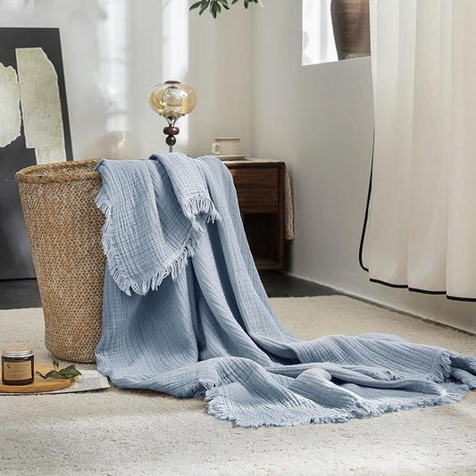 FOSSA Muslin Blanket with Fringe - 4-Layer 100% Cotton Gauze Super Soft & Breathable Throw -Lightweight Decorative Cooling Blanket for Bed, Sofa, Office (Cornflower Blue, Twin XL (66" × 90"))