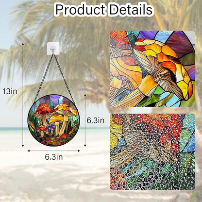 DASTOLL Stained Glass Window Hanging, Jungle Mushrooms Sun Catchers Diamond Glass Panel Hangings Plant Suncatcher Decor for Birthday for Women,Men, Wife, Aunt,and Mom 6.3X6.3 in