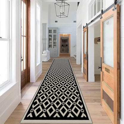 Moroccan Trellis Bedroom Area Carpets, 1.3x7ft, Modern Checkered Washable Hallway Runner Rugs, with Non Slip Backing Durable Cozy Low Pile Rug for Kitchen Bath Room Laundryroom
