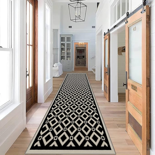 Moroccan Trellis Bedroom Area Carpets, 4x12ft, Modern Checkered Washable Hallway Runner Rugs, with Non Slip Backing Durable Cozy Low Pile Rug for Kitchen Bath Room Laundryroom