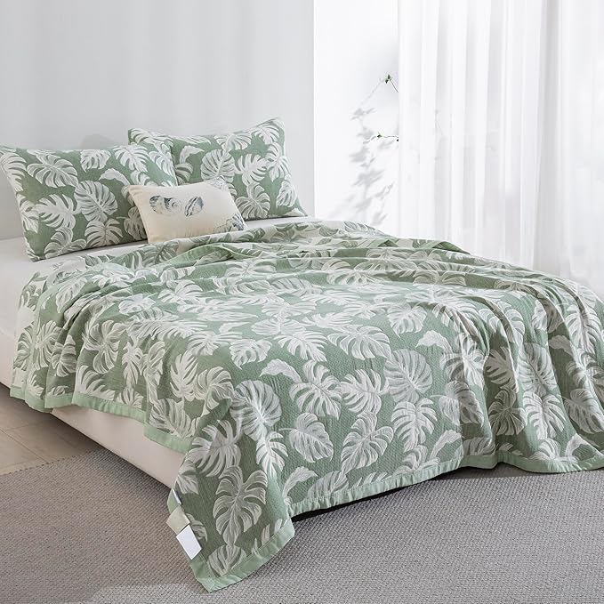 100% Cotton Muslin Jacquard 2 Piece Quilt Set Tropical Monstera Leaf Print, Soft 3 Layers Gauze Bed Cover Reversible Bedspread Coverlet Breathable Lightweight Bedding Set, Twin