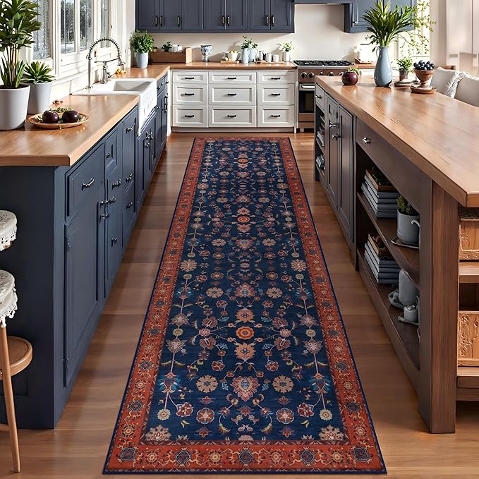 Tangsoo 2x10 Washable Runner Rug for Hallway Non Slip, Boho Floral Vintage Red Blue Carpet Long Runner Rugs for Entryway Kitchen, Floor Low Pile Runners for Laundry Bedroom Alfombra Farmhouse