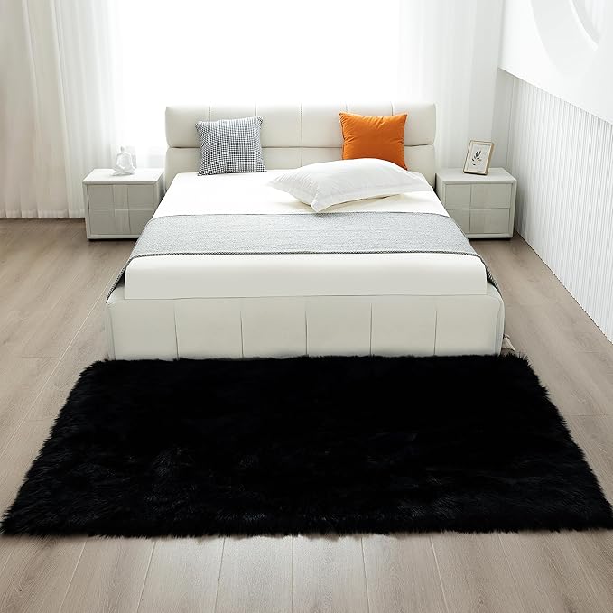Fluffy Faux Fur Rug Black Sheepskin Area Rug,4x6 Ft Ultra Soft Shaggy Plush Rug for Bedroom Bedside Living Room Nursery Kids Room