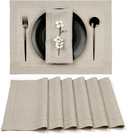 D'Moksha Homes Linen Placemats Set of 6 - Classic Hemstitch Natural Placemats 14 x 19 Inch - 100% Pure Linen Table Mats for Valentines, Holiday, New Year - Handcrafted and Machine Washable