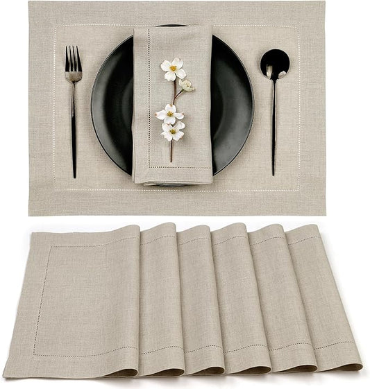 D'Moksha Homes Linen Placemats Set of 6 - Classic Hemstitch Natural Placemats 14 x 19 Inch - 100% Pure Linen Table Mats for Valentines, Holiday, New Year - Handcrafted and Machine Washable