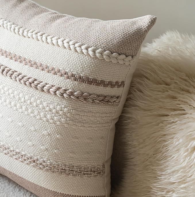 Boho Throw Pillow Covers 20x20 Inch Set of 2, Khaki Textured Decorative Couch Pillow Cases for Farmhouse Home Decor, Accent Cushion Cover for Sofa, Bed, Living Room, Bedroom