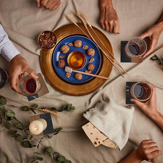 Marble Coasters: 4-Piece Set of Acacia Wood Marble Coasters, Suitable for Kitchens, Offices, and can be Used as Gifts (Black Square)