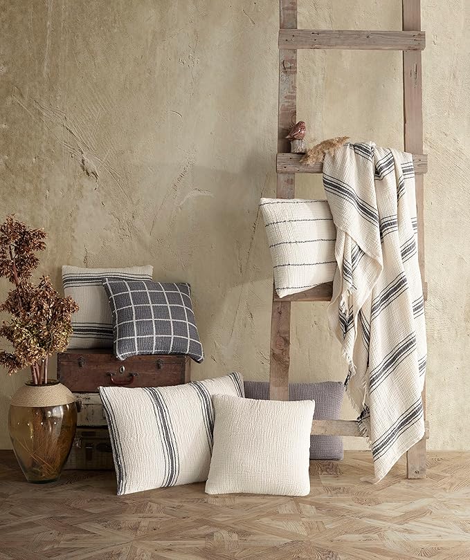 Bohemian 4 Layers Gauze Lightweight Throws,Cotton Muslin Throw Blanket,Breathable Coverlet, 4 Layer Bed Cover (Beige with 5 Stripes, Only 2 Queen Pillowcase 20 x 30 inches)