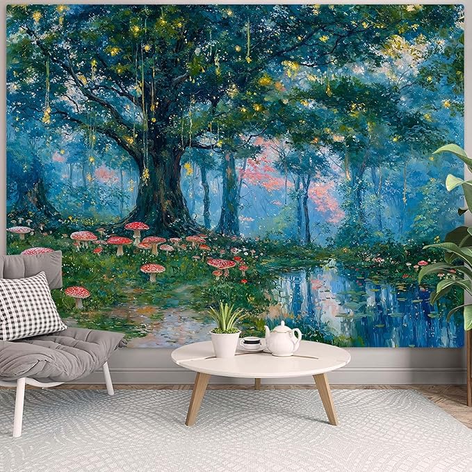 Haibimen Monet Nature Forest Tapestry Wall Hanging Green Tree Mushroom Landscape Tapestries for Bedroom Watercolor Aesthetic Wallpaper Decor for Living Room (forest-1, 80''×60'')