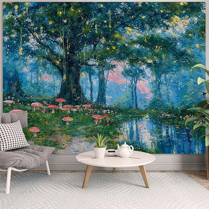 Haibimen Monet Nature Forest Tapestry Wall Hanging Green Tree Mushroom Landscape Tapestries for Bedroom Watercolor Aesthetic Wallpaper Decor for Living Room (forest-1, 48''×36'')