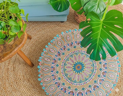 Mandala Life ART Moroccan Large Floor Pillow Cover with Tassels and Ponpon Bedroom Décor Round Pouf Ottoman Boho Chic Seating Area Beanbag Footstool Stool Cotton 24x8 Unstuffed