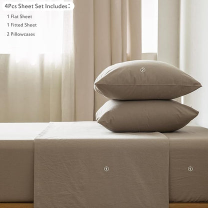MooMee Bedding Sheet Set 100% Washed Cotton Linen Like Textured Breathable Durable Soft Comfy (Solid Mocha Brown, Full)