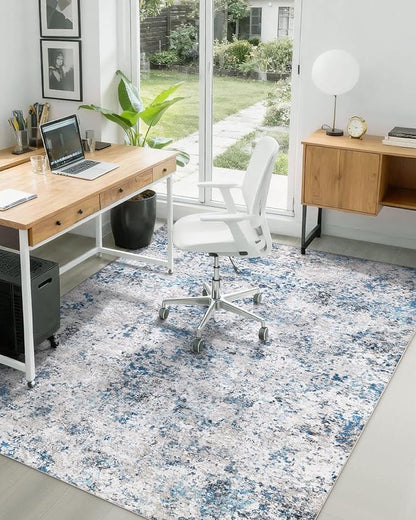 Modern Abstract Washable Area Rugs - 3x5 Contemporary Soft Mat Stain Resistant Non Slip Low Pile Indoor Throw Rug for Bedroom Kitchen Office Chair Desk - Grey/Blue
