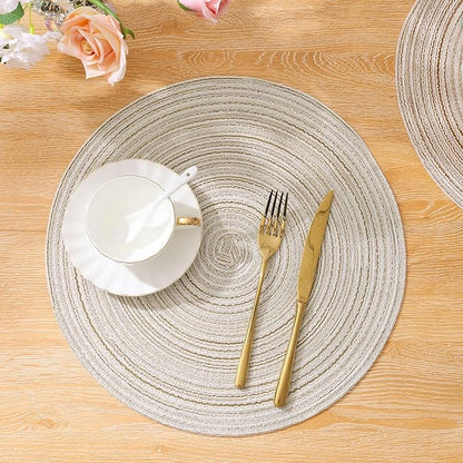 SHACOS Round Placemats Set of 6 Braided Circle Place Mat Washable 15 inch Table Mats for Kitchen Dining Table Decor Mixed Color (Ivory, 6)