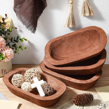 4 Pcs Wooden Dough Bowl Wood Decorative Rustic Wooden Bowls Table Centerpiece for Living Room Home Dining Room Kitchen Decoration(Brown,10'' X 6'' X 2'',Classic)