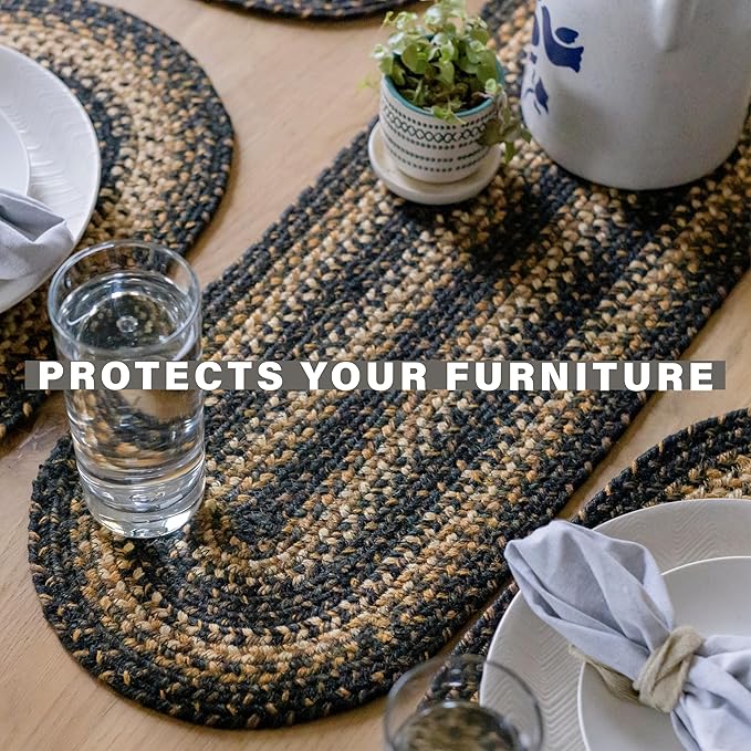 Homespice Kilimanjaro Jute Braided Small Table Runner, Warm Primitive Decor, Set of 2, Black and Brown Rectangle 8x28 - Rich Colors, Easy to Clean, Durable and Protects Furniture