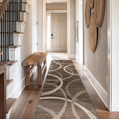 Rugshop Modern Wavy Circles Design Runner Rug, Carpet with Jute Backing for Hallway, Entryway, or Kitchen, Brown, 2'7" x 8'