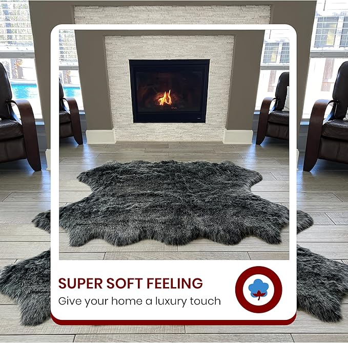 Free Shape Luxury Soft Fluffy Shag Area Rug Single and a Half 2'x4', 60x120cm - Vegan Fur Ultra Soft Indoor Carpet Nursery Rugs for Bedroom Home Decor, Black with White Tips