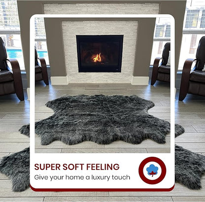 Free Shape Luxury Soft Fluffy Shag Area Rug Single Quarto 4 Pelts 4'x6',120x180 cm - Vegan Fur Ultra Soft Indoor Carpet Nursery Rugs for Bedroom Home Decor, Black with White Tips