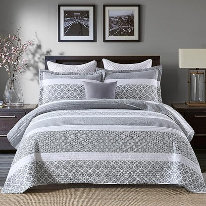 Quilts Queen Size - Queen Quilt Bedspread Sets, 100% Cotton Quilted Bedding Set for Queen Bed, 3 Pieces Floral Striped Reversible Lightweight Comforter, Bluish Grey