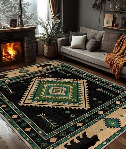 Southwestern Rug 5x6 - Native American Bear Cabin Area Rugs for Bedroom Living Room, Rustic Bohemian Machine Washable | Non-Slip | Soft Carpets, Aztec Room Decor (Green Tan Black)