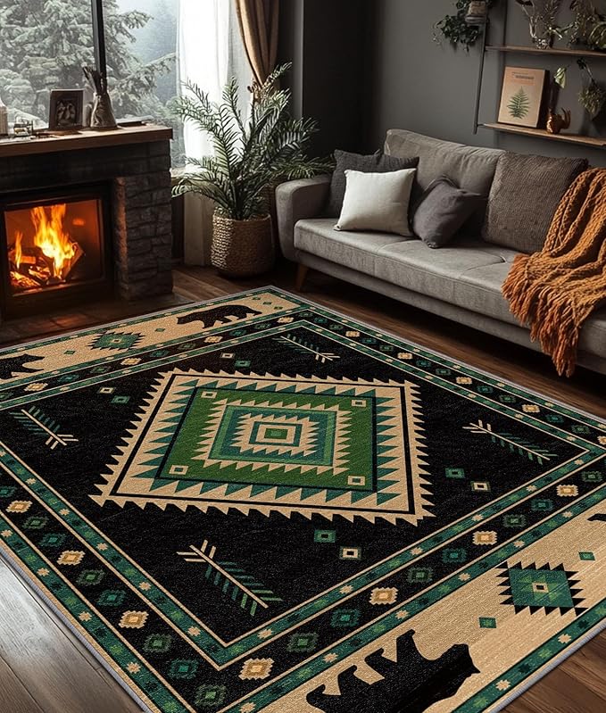 Southwestern Rug 4x5 - Native American Bear Cabin Area Rugs for Bedroom Living Room, Rustic Western Machine Washable | Non-Slip | Soft Carpets, Aztec Room Decor (Green Tan Black)