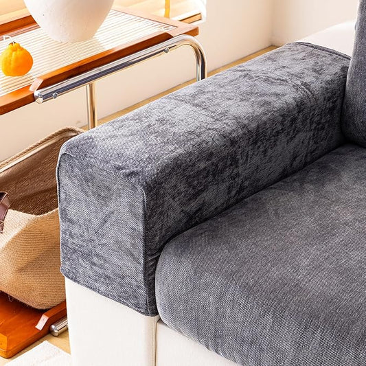WEYOND Chenille Sofa Armrest Covers Set of 2 | Non-Slip Stretch Couch Arm Protector, Dark Grey
