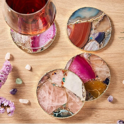 Rainbow Agate Coasters Set of 4, Natural Crystal Coaster for Drinks, Geode Gemstone with Gold Edge, Agate Slice Stone Coaster for Coffee Table, Wooden Table, Home Decor