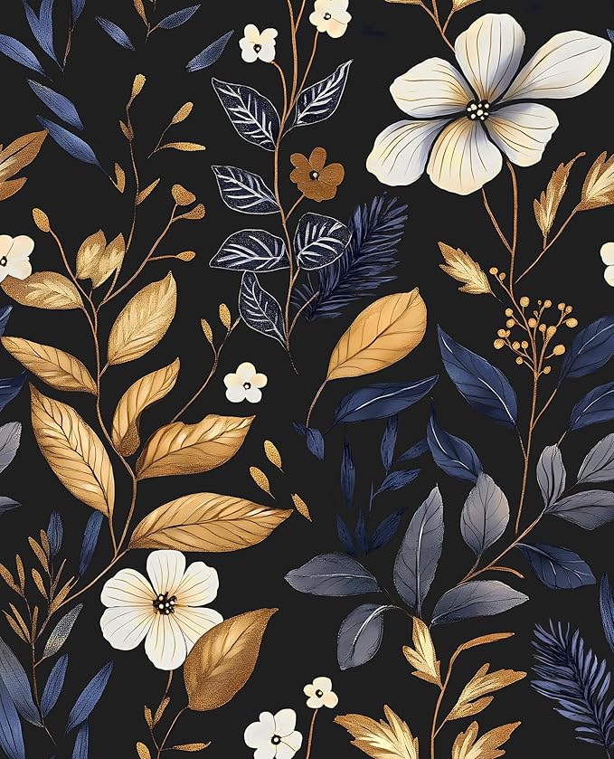 Blue/Gold Leaf Wallpaper Peel and Stick Vintage Dark Floral Wallpaper Waterproof Self Adhesive Removable Boho Wall Paper Modern for Bedroom Walls Drawer Cabinet 17.5in x393in