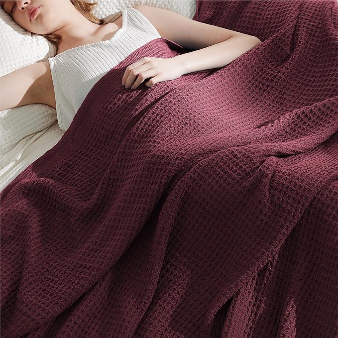 Bedsure Gentlesoft 100% Cotton Blanket Queen Size for Bed - Breathable and Soft, Thick Cozy Waffle Weave Christmas Blanket Gift for Women, Burgundy, 90x90 Inches