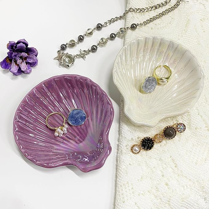 Shell Jewelry Ring Holder Dish, Cute Room Decor Seashell Jewelry Dish Tray, Small Ceramic Jewelry Plate Bowl, Engagement Ring Dish Trinket Dish, Wedding Jewelry Tray, 3.9", Purple Iridescent Surface