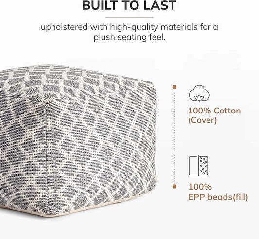Anji Mountain 100% Handmade & Handcrafted Comfortable Home Décor Pouf Ottoman Footrest for Living Room, Bedroom, Nursery, Kidsroom, Patio Furniture - (22" x 22" x 16"- Gray,Ivory)