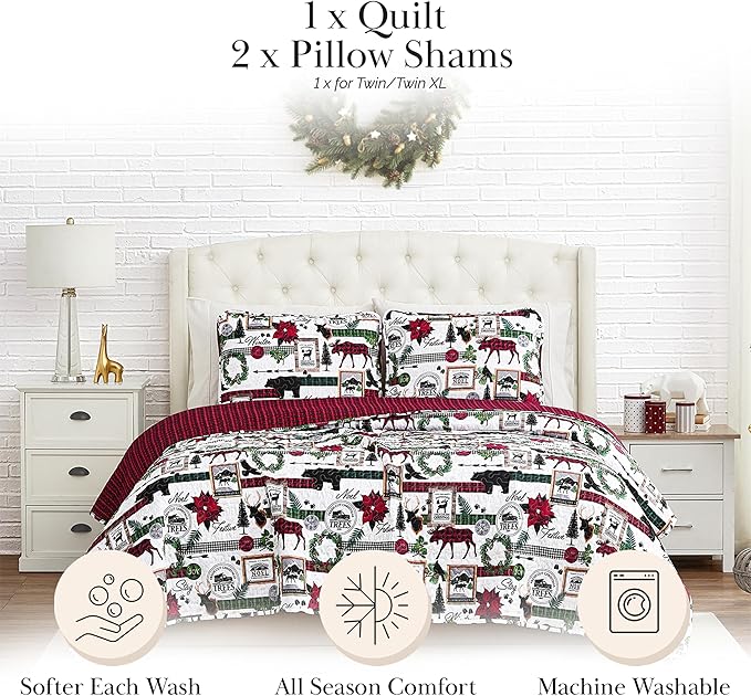 Southshore Fine Living, Inc. Merry Town Christmas Quilt Set, Queen/Full Size 3-Piece Christmas Bedding Set w/Matching Holiday Pillow Shams, Reversible 2-Sided Red Plaid Quilt & Rustic Cabin Print