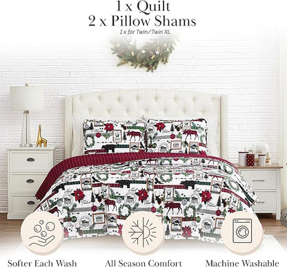 Southshore Fine Living, Inc. Merry Town Christmas Quilt Set, Queen/Full Size 3-Piece Christmas Bedding Set w/Matching Holiday Pillow Shams, Reversible 2-Sided Red Plaid Quilt & Rustic Cabin Print