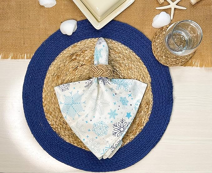 CHARDIN HOME Round Verona Woven Jute & Cotton Braided PLACEMAT (Set of 4), Size -15 inch, Round, Color - Natural Jute with Royal Blue Border