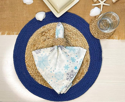 CHARDIN HOME Round Verona Woven Jute & Cotton Braided PLACEMAT (Set of 4), Size -15 inch, Round, Color - Natural Jute with Royal Blue Border