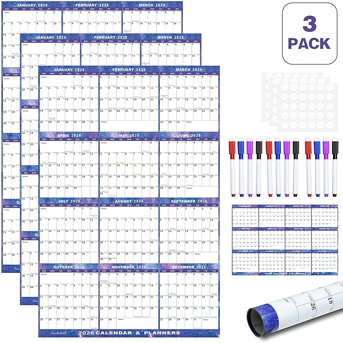 3pcs 24" x 36" 2026 Wall Calendar Dry Erase - Large Starry Sky Calendar Wet & Dry Erasable Laminated 12 Month Annual Yearly Planner, Reversible, Horizontal/Vertical (2026 Wall Calendar)