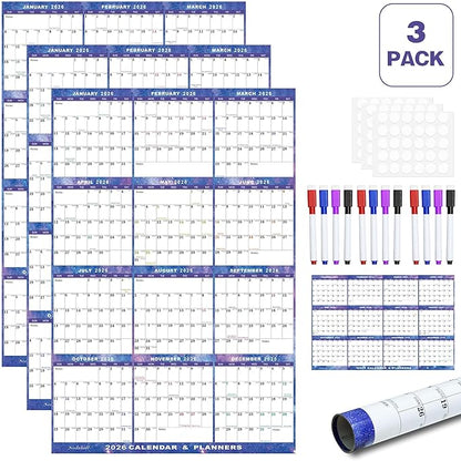 3pcs 24" x 36" 2026 Wall Calendar Dry Erase - Large Starry Sky Calendar Wet & Dry Erasable Laminated 12 Month Annual Yearly Planner, Reversible, Horizontal/Vertical (2026 Wall Calendar)