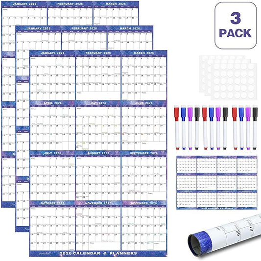 3pcs 24" x 36" 2026 Wall Calendar Dry Erase - Large Starry Sky Calendar Wet & Dry Erasable Laminated 12 Month Annual Yearly Planner, Reversible, Horizontal/Vertical (2026 Wall Calendar)