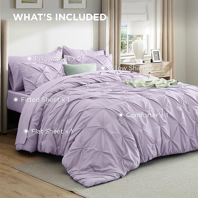 Bedsure Queen Comforter Set Light Purple - Bed in a Bag Queen Size Bedding 7 Pieces, GentleSoft™ Pintuck Bed Set Gift for Family, Pinch Pleat All Season Comforter with Sheets, Pillowcases & Shams