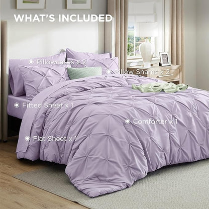 Bedsure Queen Comforter Set Light Purple - Bed in a Bag Queen Size Bedding 7 Pieces, GentleSoft™ Pintuck Bed Set Gift for Family, Pinch Pleat All Season Comforter with Sheets, Pillowcases & Shams