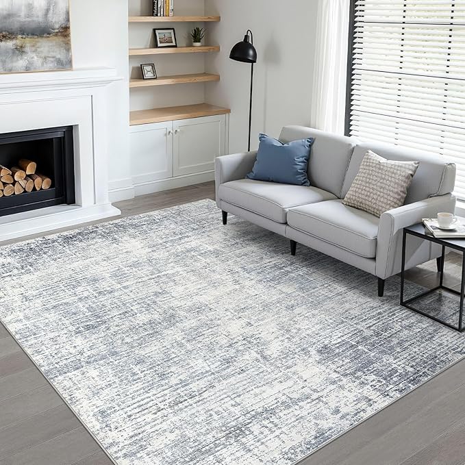 4x6 Rug Washable Area Rugs: Neutral Abstract Soft Modern Stain Resistant Small Indoor Floor Non-Slip Low Pile Throw Carpet for Entryway Kitchen Bedroom Nursery Kids Office Playroom Home House- Blue