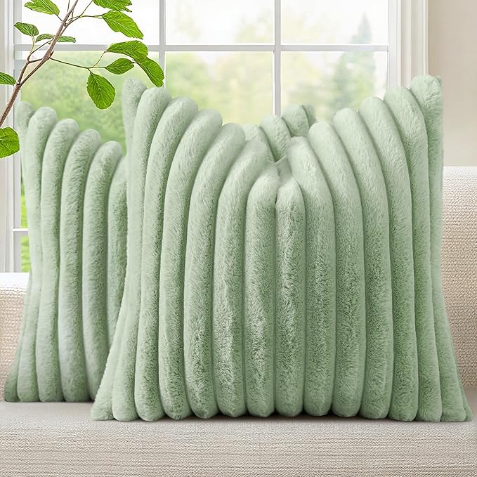 decorUhome Faux Fur Spring Throw Pillow Covers 22x22 Set of 2, Decorative Soft Plush Striped Neutral Couch Euro Sham Pillow Covers with Velvet Back for Sofa, Bed, Living Room Home, Sage Green