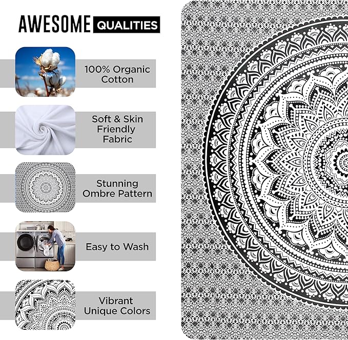 raajsee Grey Black Tapestry Mandala Wall Hangings, Indian cotton Beach Throw Blanket, Hippie Tapestries Boho Decor Bohemian Bedding,Twin Bedspread 52x82 inches Yoga Meditation Mat Rugs