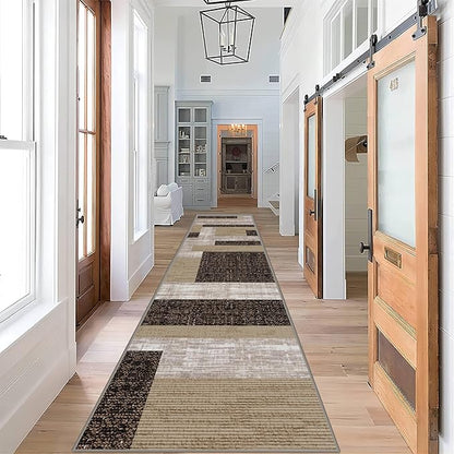 Modern Geometric Patchwork Long Hallway Rug Runners, 3.3x10ft, Neutral Brown Geometry Aesthetic Entrance Carpet, Absorbent Washable Foldable No Crease High Traffic Mat for Laundryroom