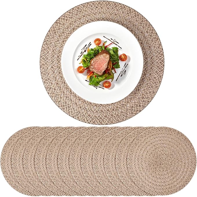 12 Pcs Jute Placemats Boho Braided Woven Table Mats for Dining Table Farmhouse Coasters for Thanksgiving Christmas Party Wedding Events (Classic,13 Inches)