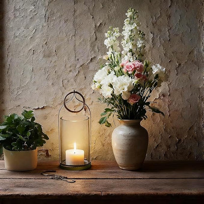 4" Wide Handmade Sturdy Glass Cylinder Jar with Metal Stand in Antique Brass, Display Glass Container for Candles and Plants, Hurricane Lantern, Candle Holder, Industrial, Farmhouse, Outdoor